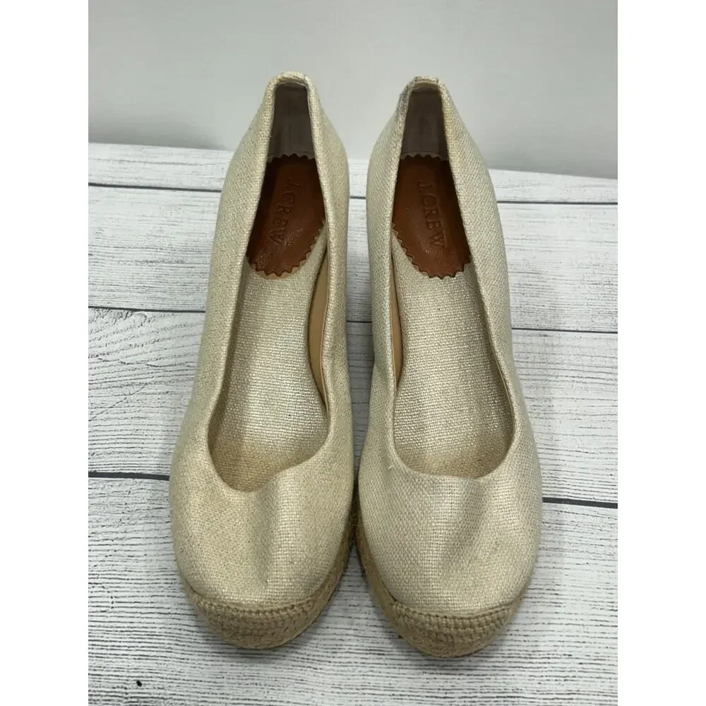 J. Crew Womens Beige‎ Seville Espadrille Metallic Canvas Wedge Sandals Size 8.5